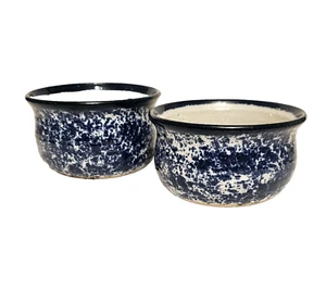 2 Signed Artist Studio Pottery APPLE BAKER BOWL Baked Apples Blue Spongeware - Picture 1 of 4