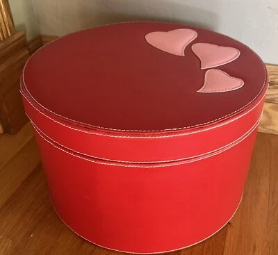 Red Leather Round Box Hat Storage Pink Hearts Barbiecore Stitched 13” W X 9.5”T - Image 1 of 4