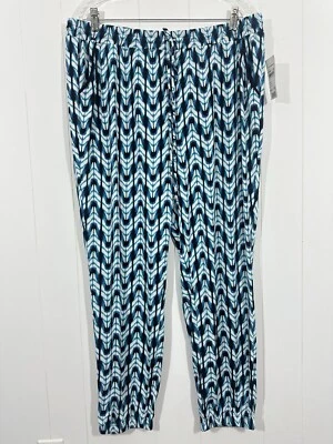 NWT NY Collection Jogger Pants Slinky Knit Blue Black White Elastic Waist Lounge - Image 1 of 4