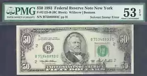 $50 1993 FRN Solvent Smear Error PMG About Uncirculated 53EPQ - Picture 1 of 2