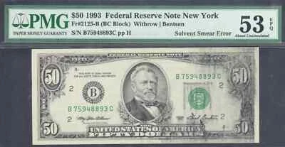 $50 1993 FRN Solvent Smear Error PMG About Uncirculated 53EPQ - Image 1 of 2