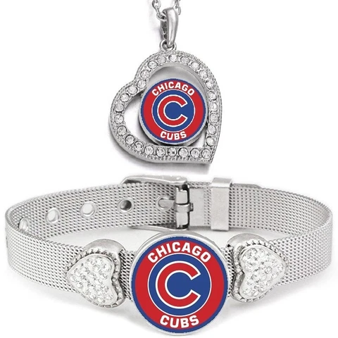 2 PcSet Chicago Cubs Womens Sterling Silver Necklace With Bracelet Cover