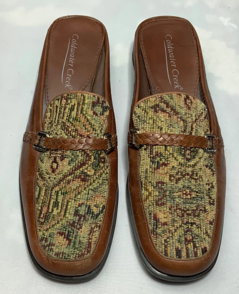 Coldwater Creek Loafers Women 7.5 M Brown Leather Tapestry Mules Slip-On - Image 1 of 4