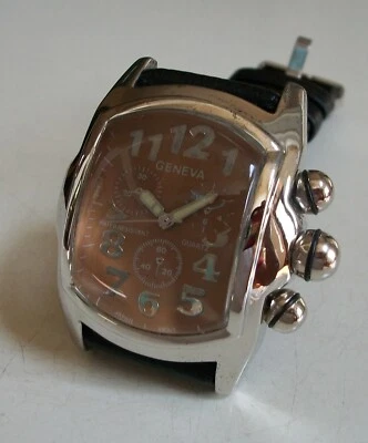 Мужские черный кожаный ремешок/m Серебряная отделка коричневый циферблат моды нарядный хип-хоп часы - Изображение 1 из 4