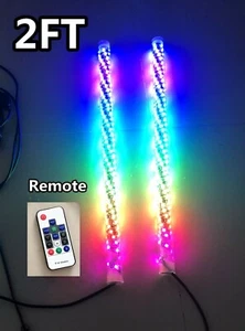 2FT x2PCS SET Remote CHASING Twisted Spiral Wrapped Antennna LED Whips Lights - Picture 1 of 12