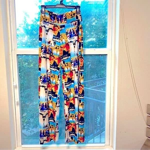 Womens Summer S/M Pants Bohemian Flare City Signs Multi Flare Palazzo Slacks - Picture 1 of 9