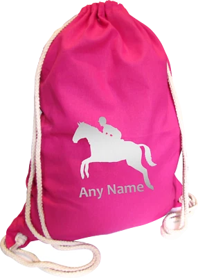 PRESENT2FUTURE Horse Jump Personalised PINK Kids Childs COTTON School Sports Gym PE Bag Gift