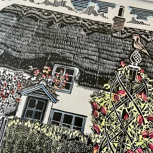 English thatch cottage original limited edition linocut print with watercolour - Picture 1 of 7