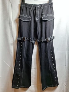 Womens Pant Sz S Black White Buckle Grommet Pocket Wide Leg Goth Grunge 90s Y2K - Picture 1 of 8