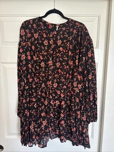 Free People Mini Dress Tiered Long Sleeve Button Up Flowy Floral Boho Sz Small - Picture 1 of 1