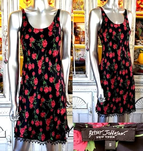 Vintage Betsey Johnson New York 90s Black Red Rose Floral Bead Silk Slip Dress S - Picture 1 of 12