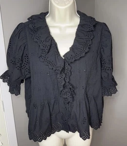 Ultra Pink Black Blouse 100% Cotton Cutouts Ruffles Pleats Boho Romantic Country - Picture 1 of 9