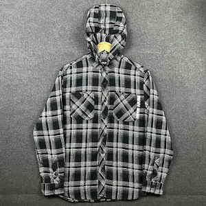 DKNY Jeans Mens Hooded Shirt Size M Black Check Button Up Shacket Long Sleeve - Picture 1 of 21