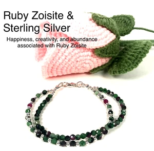 Genuine 925 Sterling Silver & Ruby Zoisite Double Beaded Bracelet- Handmade 7.5" - Picture 1 of 10