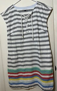 Tommy Hilfiger Linen Cotton Short Sleeveless Dress Nautical Coastal Stripe Large - Picture 1 of 7