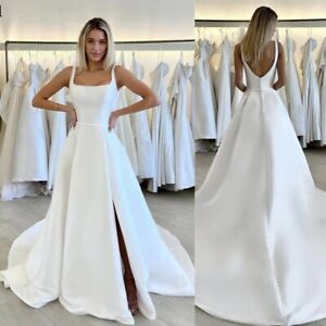 Satin Wedding Dresses Square Neck Side Split Spaghetti Strap A-Line Bridal Gowns