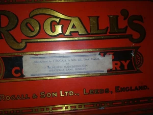 VINTAGE ADVERTISING TIN LITHO BOX ROGALL'S AND SON LEEDS ENGLAND CONFECTIONERY - Picture 1 of 12