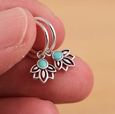 925 Sterling Silver Green Turquoise Lotus Flower 12mm Hoops Earrings Gift Boxed - Image 1 of 4