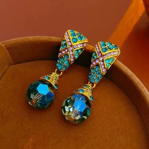 Museum Art Earrings Heidi Deco Daus Blue Crystal 14k Stud Dangle Gold Retro Vtg - Picture 1 of 8