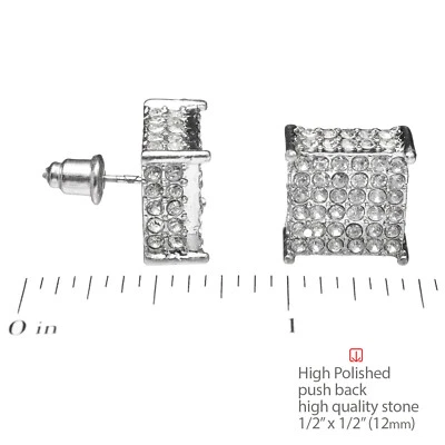 Brincos masculinos de hip hop folheados a gelo bloco CZ 3D quadrado push back 12mm TE 531 - Imagem 1 de 4