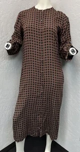 Vintage Calvin Klein Real Silk Brown Plaid Button Up Long Sleeve Dress Size 8 - Picture 1 of 9