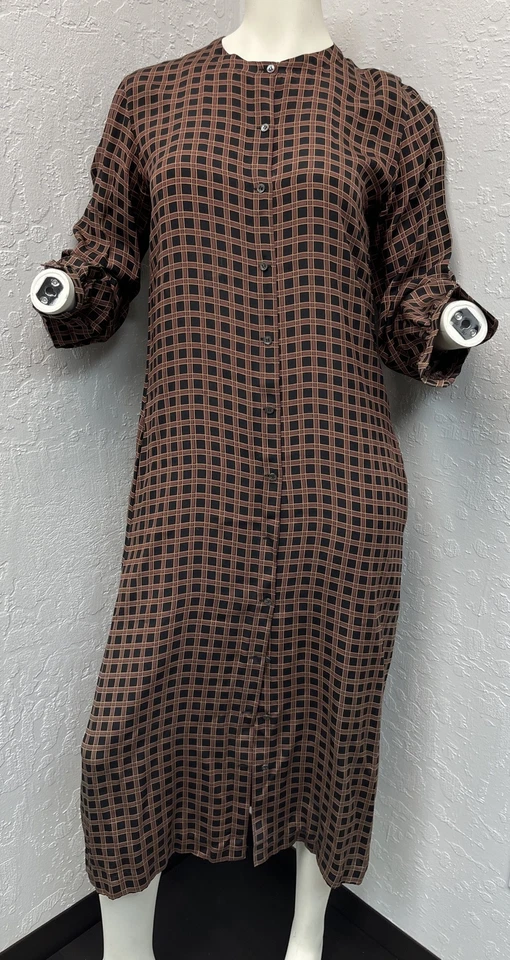 Vintage Calvin Klein Real Silk Brown Plaid Button Up Long Sleeve Dress Size 8 - Image 1 of 4