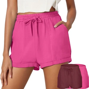 Linen Shorts Women Summer Casual Solid Elastic Waist Drawstring Shorts Loose - Picture 1 of 28