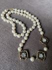 Vintage Long Pearls Necklace With Gripoix And Rhinestones 
