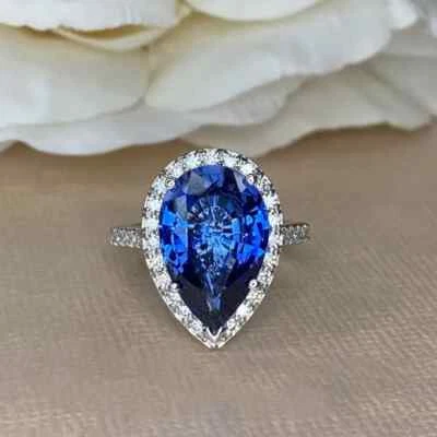 5.45 Ct Pear Cut Natural Sapphire Diamond Wedding Ring 14K White Gold Size 6.5 7 - Image 1 of 4