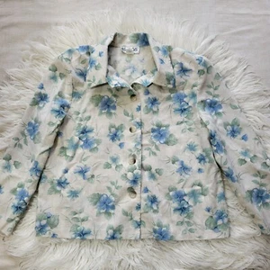 Briggs Petite Blazer Jacket Floral Print Size Large Flax Blend Shoulder Pad VTG - Picture 1 of 8