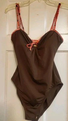 ANNE COLE Collection One piece Keyhole Swimsuit Brown Pink Pattern Trim Size 14 - Image 1 of 4
