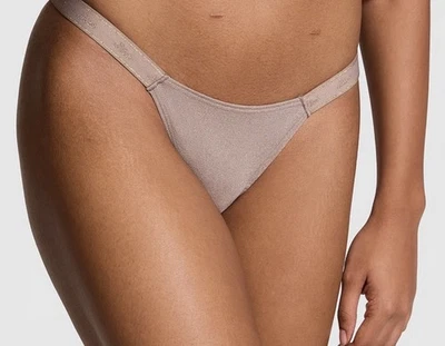 VICTORIA'S SECRET  “pink” Logo Cotton Shimmer Micro Iced Coffee Medium Thong - Image 1 of 4