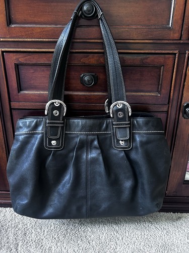 Borsa a mano grande vintage Coach F13733 Soho in pelle nera plissettata
