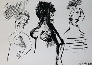 Firmado Abstracto Modernista Tinta Pintura Mujeres Desnudas Figuras - Imagen 1 de 10