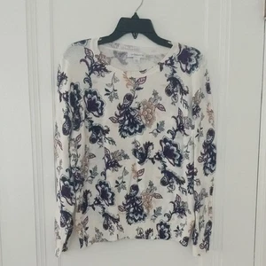 Damen XXL Liz Claiborne Pullover, elfenbein mit lila hellbraun Blumendruck - Bild 1 von 2