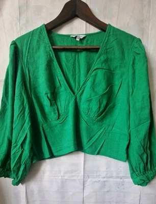 Bright Green Linen Viscose Top Puff Sleeves V Neck Crop Plus Size 18 Dopamine  - Image 1 of 4