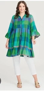 Taking Shape Linen Days Skirt Tunic Size 18 Indigo Checked 3/4 Sleeve RRP $169 - Picture 1 of 13