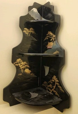 Antique 3 Tiered Chinese Japanese Oriental Chioiserie Folding Lacquer Wall Shelf - Image 1 of 4