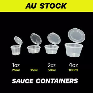 Plastic Sauce Container Reusable Hinged Lid Clear Pot Cup 1oz 2oz 3oz 4oz 35ml - Picture 1 of 8