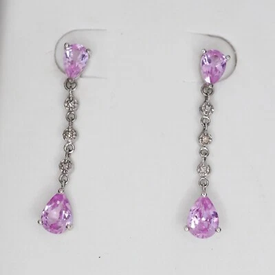 Pink Sapphire (Lab Created) 10K White Gold W/ Diamond Dangle Earrings - Image 1 of 2