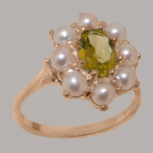 9ct Rose Gold Natural Peridot & Full Pearl Womens Cluster Ring - Sizes J to Z - Picture 1 of 5