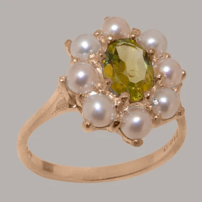 9ct Rose Gold Natural Peridot & Full Pearl Womens Cluster Ring - Sizes J to Z - Image 1 of 4