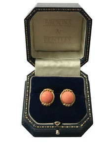 Coral Cabochon 9ct Gold Stud Vintage Earrings - Picture 1 of 12