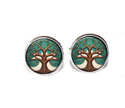 Geometría Sagrada Árbol de la Vida Hecho a Mano Gemelos Redondos de Vidrio Regalo para Él Foto 1 de 3