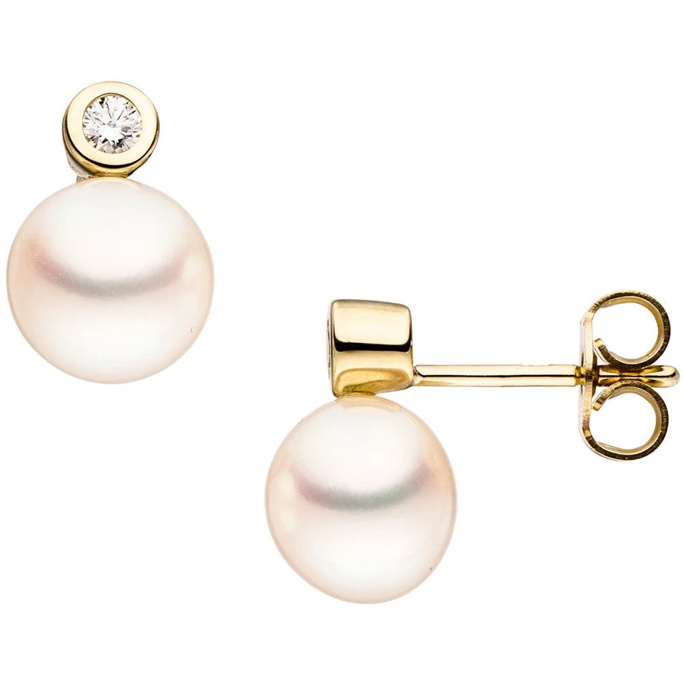 Par Pendientes de Botón con Perlas & Blanco Zirconia, 333 Oro Amarillo Mujer - Imagen 1 de 1