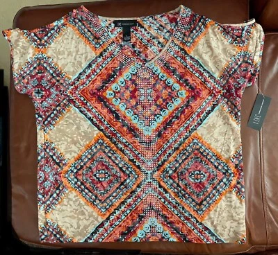 NEW! INC Boho Fun Top Cold-shoulder Cutout V-neck Short-Sleeve Sparkly LARGE NWT - Image 1 of 4