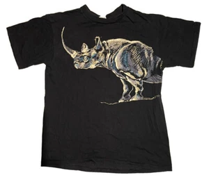 Vtg 1990 Harlequin Rhinoceros T-Shirt Black Size L Rhino Animal Wildlife Nature - Picture 1 of 8