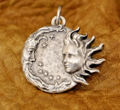 MOON SUN FACE STARRY STAR CELESTIAL Pendant 925 Sterling Silver 26" Necklace - Image 1 of 4
