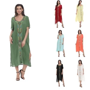 Ladies Top Blouse Summer Beach Dress Long Maxi Tunic Turkey Robe Embroidery 8-18 - Picture 1 of 35