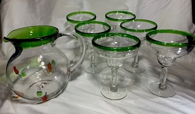 CINCO DE MAYO JARRA DE VIDRIO SOPLADO ARTESANAL MEXICANO Y JUEGO DE 6 VASOS RARO COMO NUEVO DE COLECCIÓN Foto 1 de 4